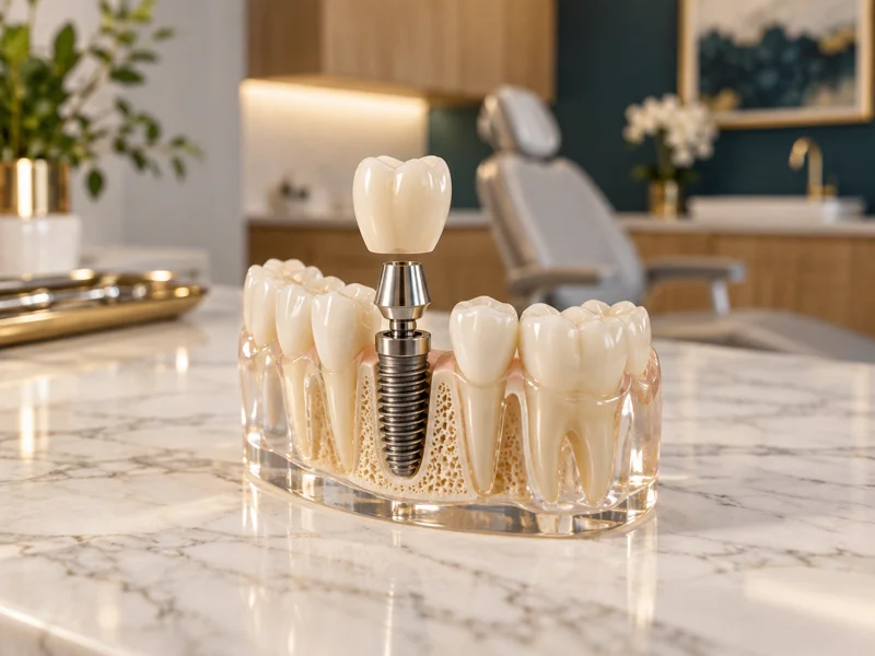 Dental implant model showing titanium post and ceramic crown