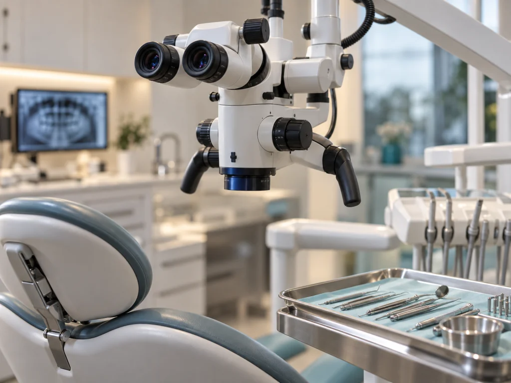 Dental microscope for precision root-end microsurgery in a modern operatory
