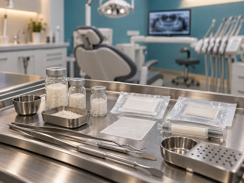 Bone grafting materials and surgical instruments in a modern oral surgery operatory