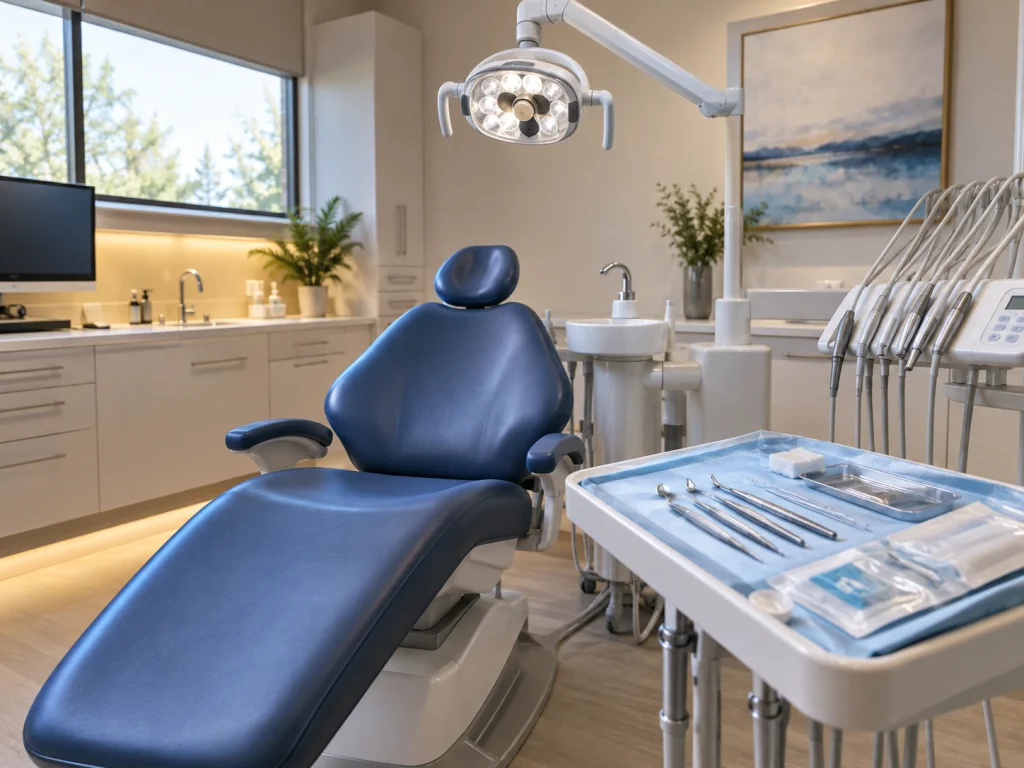 Emergency dental operatory with treatment station ready for urgent dental care