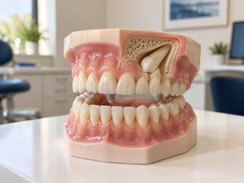 Orthodontic dental model showing an impacted canine tooth in a consultation setting