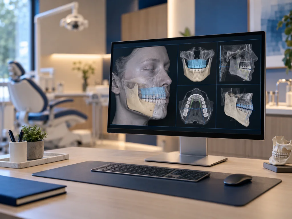 3D facial scan display used for corrective jaw surgery planning in a modern oral surgery office