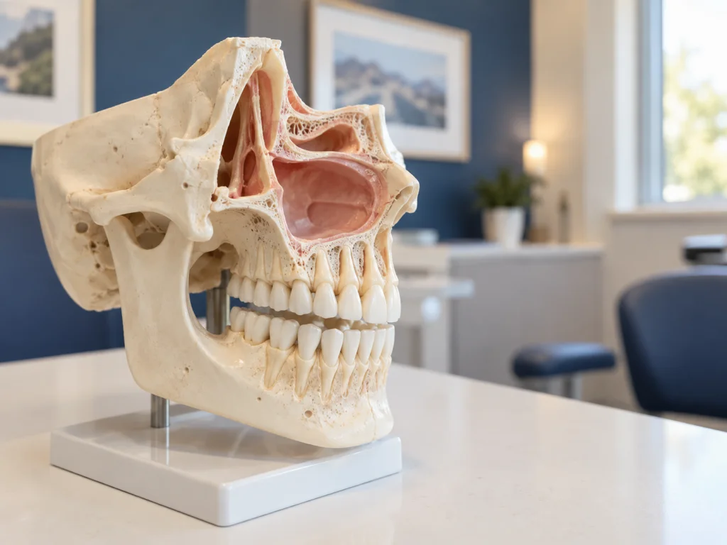 Anatomical jaw model highlighting the upper jaw and sinus area for sinus lift planning