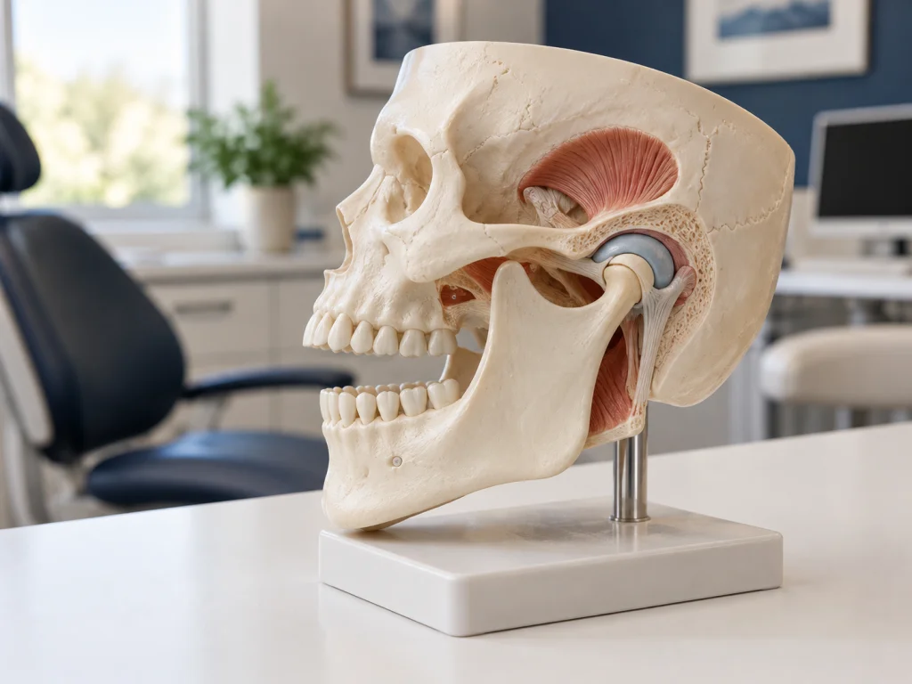Anatomical temporomandibular joint model showing jaw hinge mechanism